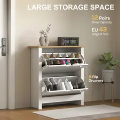 HOMCOM Slim Shoe Cabinet, Narrow Shoe Cupboard with 2 Flip Drawers, Adjustable Shelves for 12 Pairs of Shoes, High Gloss White - 4