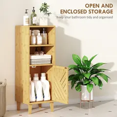 HOMCOM Slim Bathroom Cabinet with Bamboo Door and Legs, Narrow Bathroom Storage Cabinet, Freestanding Storage Cupboard with Open Compartments, 32 x 30 x 90 cm, Natural Wood Finish - 4