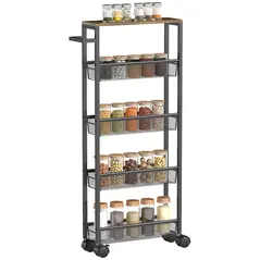 HOMCOM Slim Storage Trolley, 5-Tier Kitchen Cart on Wheels with Wood-effect Top, Handle for Living Room, Bathroom, Black - 9