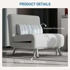 HOMCOM Single Sofa Bed, 1 Person Sleeper Foldable Lounge with Pillow, Light Grey - 7
