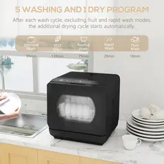 HOMCOM Table Top Dishwasher with Built-in 6L Water Tank, Mini Countertop Dishwasher with 6 Programs, 4 Place Settings, Black - 5