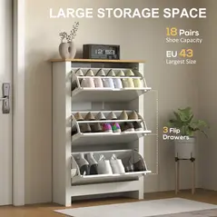HOMCOM Slim Shoe Cabinet, Narrow Shoe Cupboard with 3 Flip Drawers, Adjustable Shelves for 18 Pairs of Shoes, High Gloss White - 4
