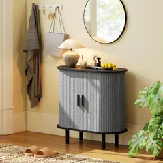 HOMCOM Tambour Sideboard with Fluted Sliding Doors, Modern Kitchen Cupboard with Storage Shelves and Wooden Legs, Grey - 9