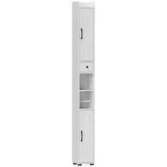 HOMCOM Tall Bathroom Cabinet, Farmhouse Slim Bathroom Storage Cabinet with Barn Doors, Toilet Paper Roll Holder, Drawer and Adjustable Shelves, Narrow Bathroom Storage Unit, 20 x 20 x 185cm, White - 1