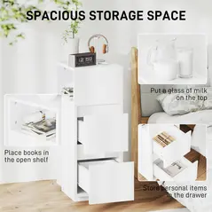 HOMCOM Slim Bedside Table, Narrow Bedside Cabinet with Open Shelf and 2 Drawers for Bedroom, Living Room, White - 4