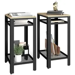 HOMCOM Tall Side Table Set of 2 with 3 Layer, 2 Shelves Storage Display Industrial-Style, Metal Frame, Bedside End Table for Living Room Bedroom, Oak and Black - 1