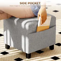 HOMCOM Square Footstool, Small Ottoman with Side Pocket, Linen Fabric Footrest Foot Stool with Rubber Wood Legs and Padded Seat for Living Room, Bedroom, Entryway, 35 x 35 x 35cm, Light Grey - 5