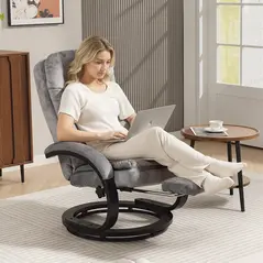 HOMCOM Swivel Recliner Chair with Footrest, Manual Recliner Armchair with Wooden Base, Plush Velvet Upholstered Reclining Chair for Living Room, Bedroom, Office, Grey - 7