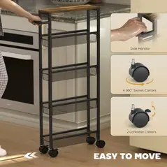 HOMCOM Slim Storage Trolley, 5-Tier Kitchen Cart on Wheels with Wood-effect Top, Handle for Living Room, Bathroom, Black - 6