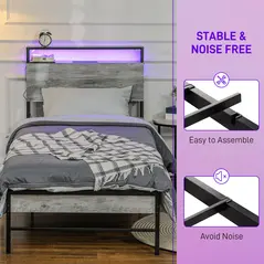 HOMCOM Single Steel Bed Frame, with LED Lights and Shelf - Grey - 7