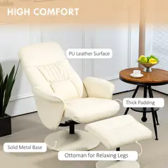 HOMCOM Swivel Recliner Chair with Footstool, PU Leather Armchair and Ottoman with High Back and Round Base for Living Room, Cream White - 6