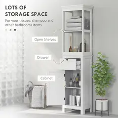 HOMCOM Tall Bathroom Cabinet, Slim Bathroom Storage Cabinet with 2 Open Shelves, Soft Close Door and Drawer, Adjustable Shelf, Narrow Cupboard Storage Unit, White - 4