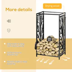 HOMCOM Steel Firewood Log Holder Indoor Outdoor Firewood Rack Fireplace Wood Storage Shelf with 4 Tools, Hooks, Tree Pattern Design, Rust-Resistant, Black, 46W x 30D x 70H cm - 5