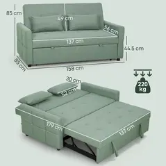 HOMCOM Three-Way Two-Seater Sofa Bed - Green - 3