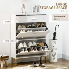 HOMCOM Three Drawer Slim Shoe Storage Cabinet, 12 Shoe Pairs - White - 4