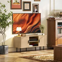 HOMCOM TV Stand Cabinet for TVs up to 55 Inches, TV Unit with Storage Shelves and Cupboard for Living Room, Oak Tone - 2