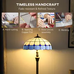 HOMCOM Tiffany-Style Floor Lamp with Handcrafted Stained Glass Shade, 152cm Tall Vintage Standing Lamp with Foot Switch and Dual Sockets for Living Room Bedroom, Bronze Tone and Blue - 5