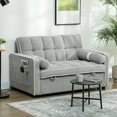HOMCOM Two-Seater Linen-Look Sofa Bed - Light Grey - 2