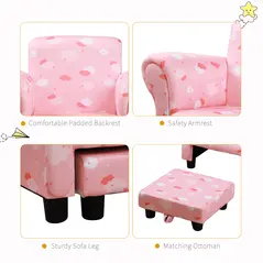 HOMCOM Toddler Chair Children's Armchairs Wood Frame w/ Footrest Anti-Slip Legs High Back Arms for Bedroom Playroom Cute Cloud Star Pink - 7