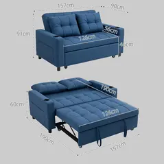 HOMCOM Two-Seater Pull-Out Sofa Bed - Dark Blue - 3