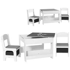 HOMCOM Three-Piece Kids Table and Chair Set with Blackboard, Storage, Bookshelves - Grey - 1