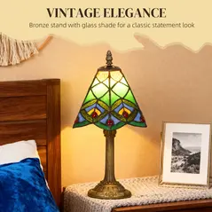 HOMCOM Tiffany-Style Table Lamp with Geometric Patterns, Handcrafted Antique Stained Glass Bedside Lamp for Living Room and Bedroom, E27 Socket, Green - 4