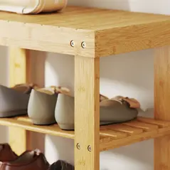 HOMCOM Two Shelf Bamboo Shoe Storage Bench - Natural Finish - 9