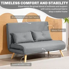 HOMCOM Two-Seater Linen-Look Sofa Bed - Grey - 6