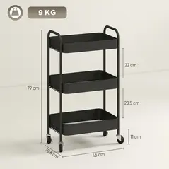 HOMCOM Three-Tier Steel Storage Trolley - Black - 3