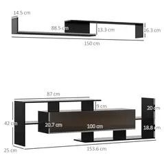 HOMCOM TV Cabinet with Wall Shelf for Wall-Mounted 65" TVs or Standing 40" TVs - Black and Dark Brown - 3