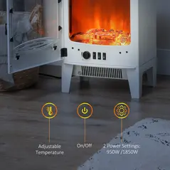 HOMCOM Tempered Glass Casing Electric Fireplace, Freestanding Electric Fire with Realistic Flame Effect, Log Burner with Overheat Protection, 950w/ 1850W, White - 5