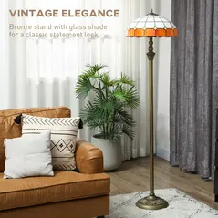 HOMCOM Tiffany-Style Floor Lamp with Handcrafted Stained Glass Shade, 152cm Tall Vintage Standing Lamp with Foot Switch and Dual Sockets for Living Room Bedroom, Bronze Tone and Orange - 4