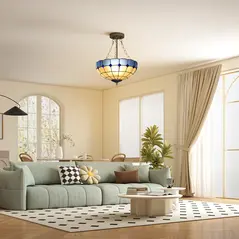 HOMCOM Tiffany Style Ceiling Light, Vintage Chandelier with 3 E27 Sockets, Semi Flush Mount for Living Room, Bulbs Not Included - 2