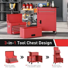 HOMCOM Three-Part Steel Locking Tool Chest - Red - 5