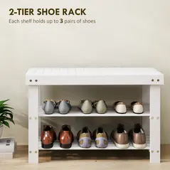 HOMCOM Two Shelf Bamboo Shoe Storage Bench - White - 4