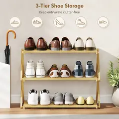 HOMCOM Three-Tier Folding Bamboo Shoe Rack - Natural Finish - 6