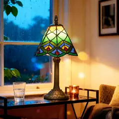 HOMCOM Tiffany-Style Table Lamp with Geometric Patterns, Handcrafted Antique Stained Glass Bedside Lamp for Living Room and Bedroom, E27 Socket, Green - 2