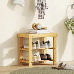HOMCOM Two Shelf Bamboo Shoe Storage Bench - Natural Finish - 2