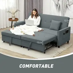 HOMCOM Three-Person Velvet-Feel Sofa Bed - Grey - 7