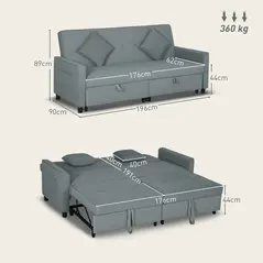 HOMCOM Three-Person Velvet-Feel Sofa Bed - Grey - 3