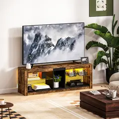 HOMCOM TV Stand Cabinet with LED Lights and Remote Control for TVs up to 65", Entertainment Centre with Storage Shelves and Compartment, Rustic Brown - 2