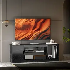 HOMCOM TV Stand Cabinet, Marble Effect TV Unit for up to 55" TVs with Glass Shelf and Storage Cabinet, Entertainment Unit for Living Room, Bedroom, Black - 2