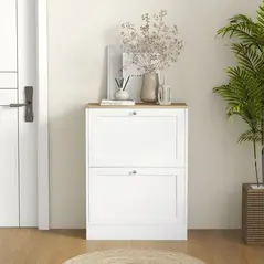 HOMCOM Two Flip Drawer Shoe Cabinet - White - 8