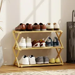 HOMCOM Three-Tier Folding Bamboo Shoe Rack - Natural Finish - 2