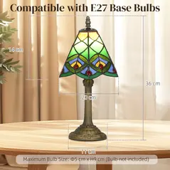 HOMCOM Tiffany-Style Table Lamp with Geometric Patterns, Handcrafted Antique Stained Glass Bedside Lamp for Living Room and Bedroom, E27 Socket, Green - 3