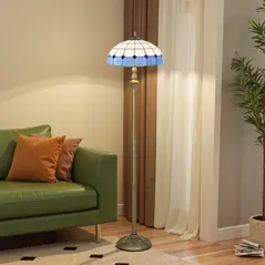 HOMCOM Tiffany-Style Floor Lamp with Handcrafted Stained Glass Shade, 152cm Tall Vintage Standing Lamp with Foot Switch and Dual Sockets for Living Room Bedroom, Bronze Tone and Blue - 2