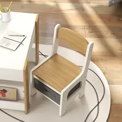 HOMCOM Three-Piece Kids Table and Chair Set with Blackboard, Storage, Bookshelves - Natural Wood - 9
