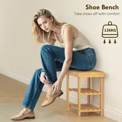 HOMCOM Two Shelf Bamboo Shoe Storage Bench - Natural Finish - 5