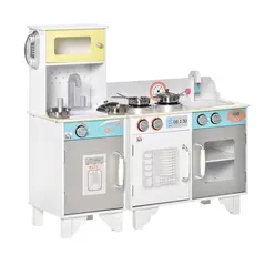 HOMCOM Two Kids Wooden Toy Kitchen Play Cooking Set Pretend Role Playset, with  Sink, Telephone, Storage Basket, for 3-6 Years Old - 1