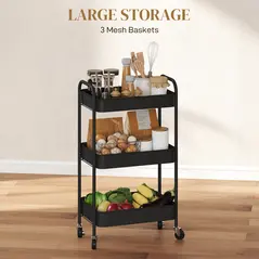 HOMCOM Three-Tier Steel Storage Trolley - Black - 4